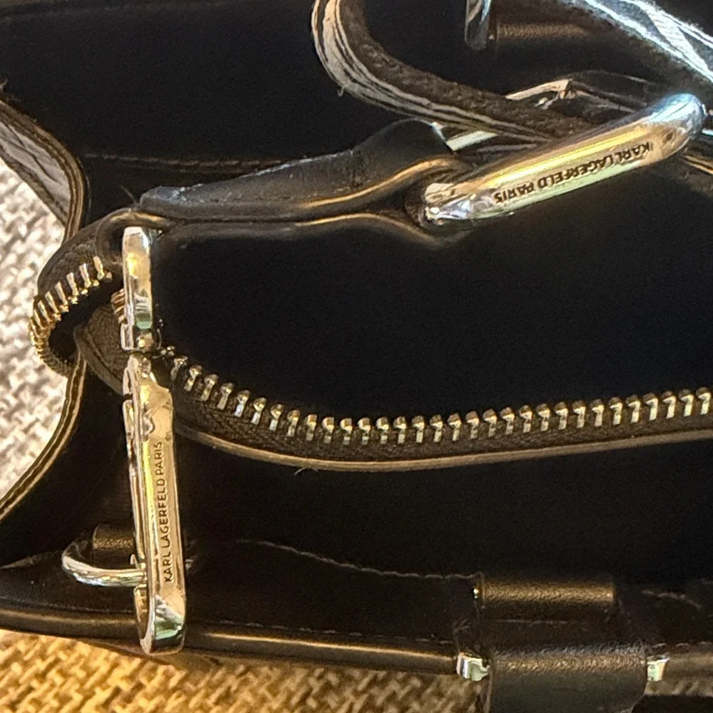 Karl Lagerfeld Black Leather Simone Alligator-Embossed Top Handle Bag